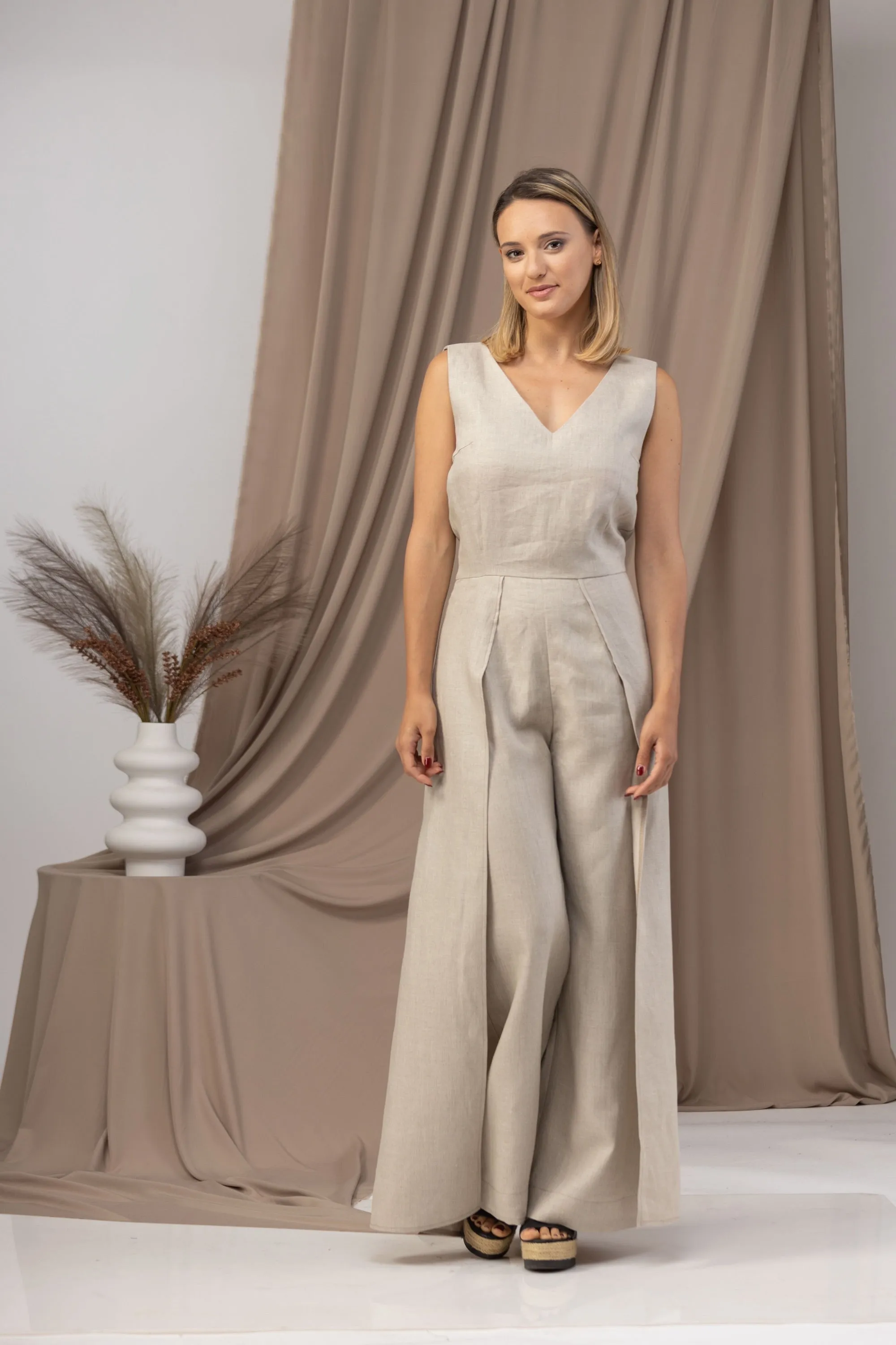 Black Linen Maxi Jumpsuit with Flaps