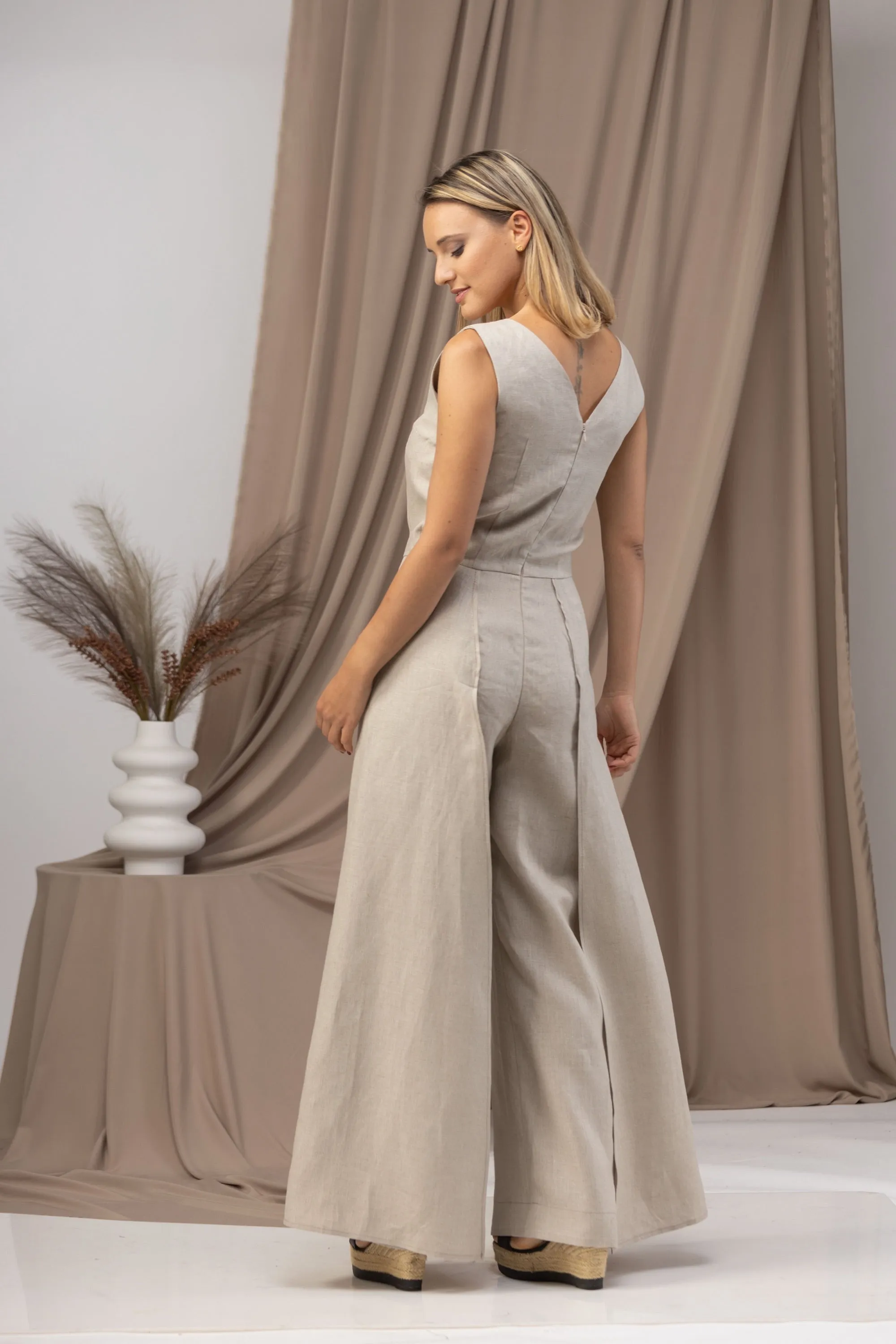 Black Linen Maxi Jumpsuit with Flaps