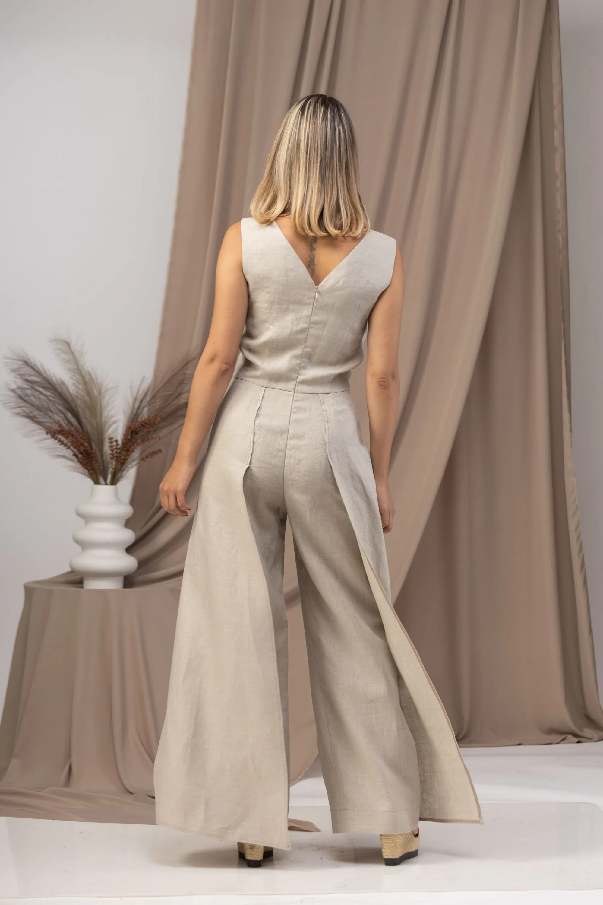 Black Linen Maxi Jumpsuit with Flaps