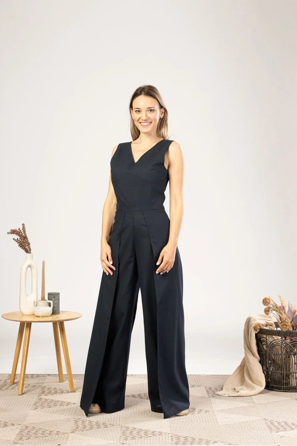 Black Linen Maxi Jumpsuit with Flaps