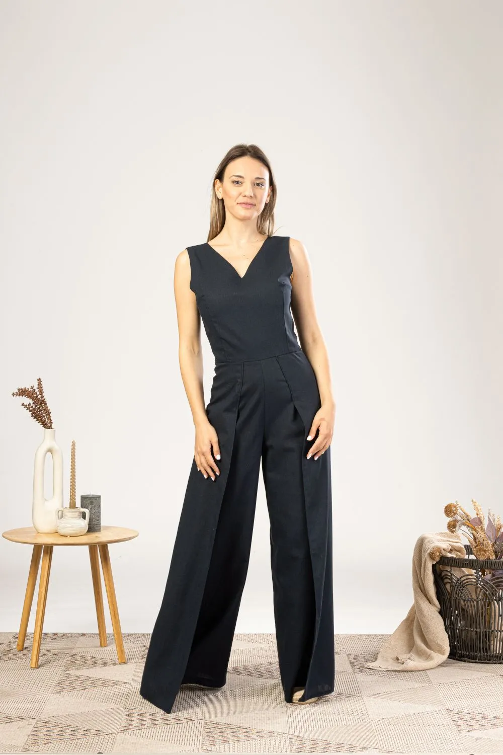 Black Linen Maxi Jumpsuit with Flaps