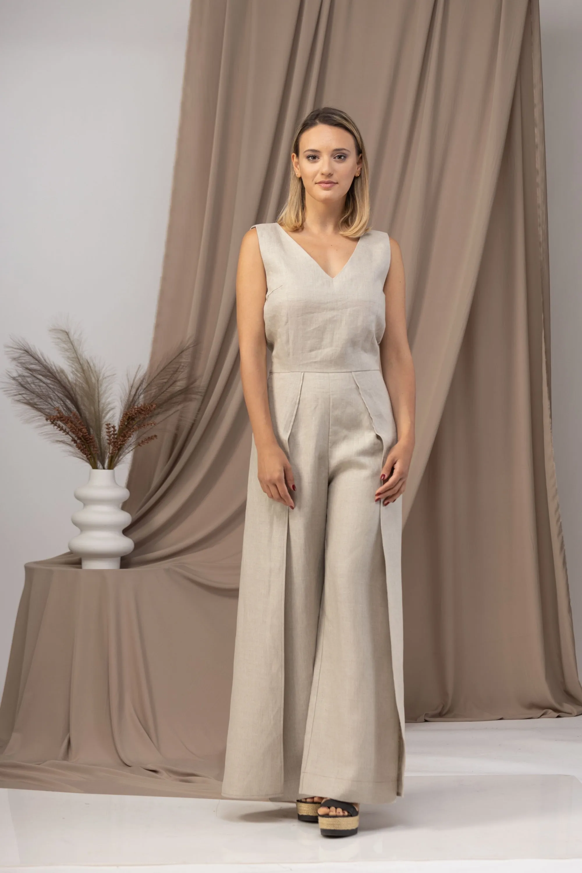 Black Linen Maxi Jumpsuit with Flaps