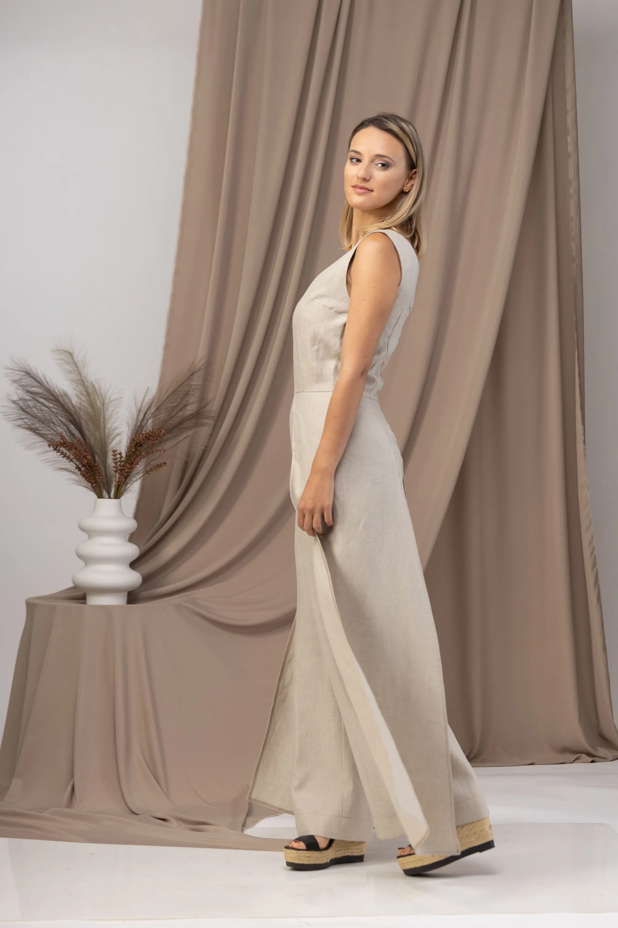 Black Linen Maxi Jumpsuit with Flaps