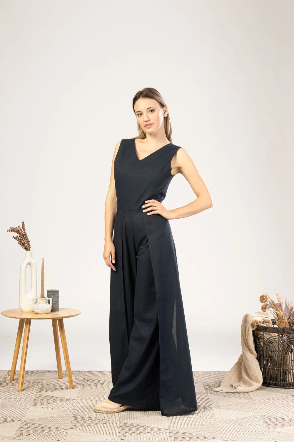 Black Linen Maxi Jumpsuit with Flaps