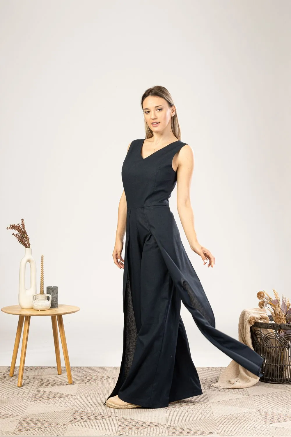 Black Linen Maxi Jumpsuit with Flaps