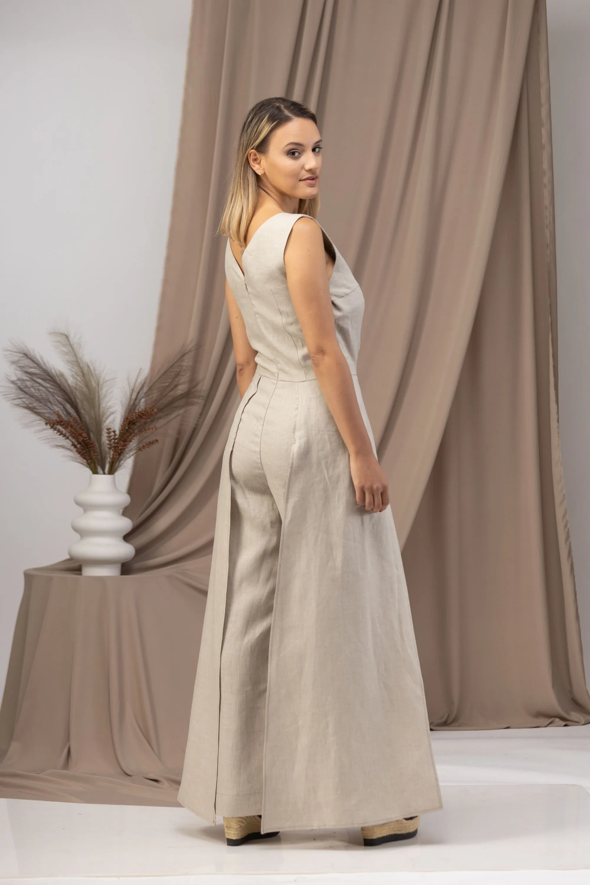 Black Linen Maxi Jumpsuit with Flaps