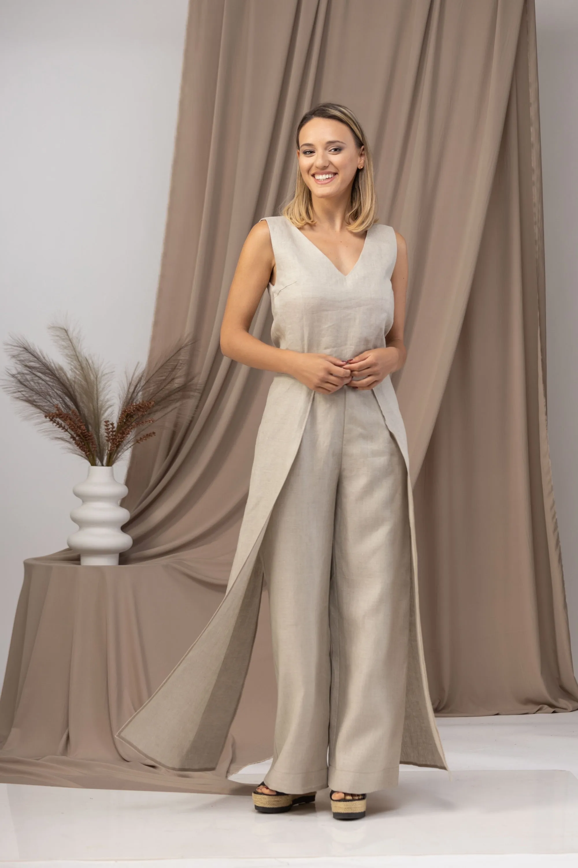 Black Linen Maxi Jumpsuit with Flaps