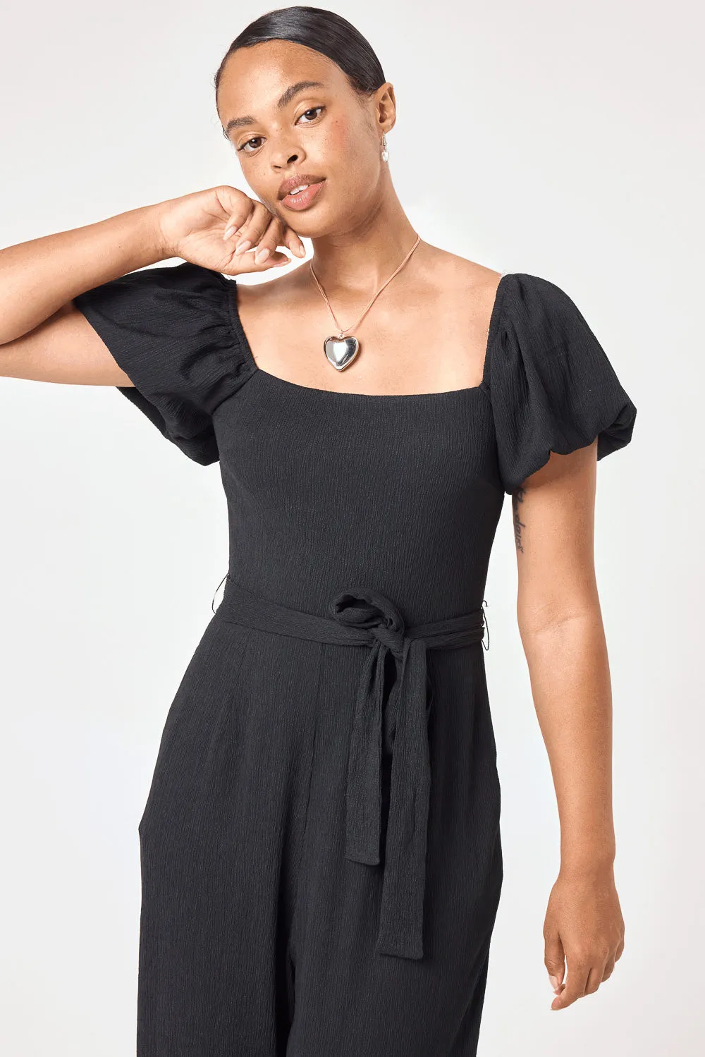 Black Tie Waist Crinkle Jumpsuit