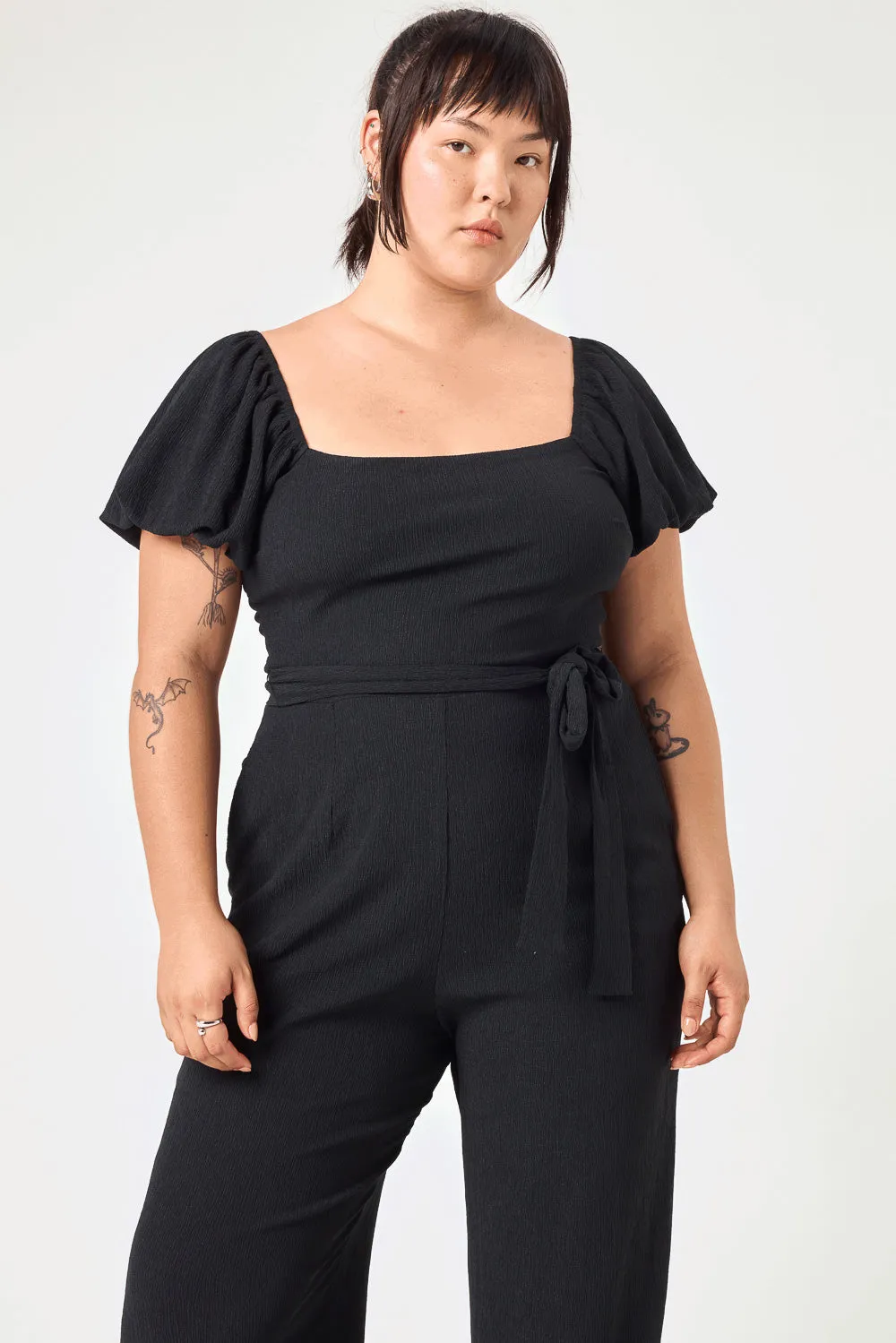 Black Tie Waist Crinkle Jumpsuit