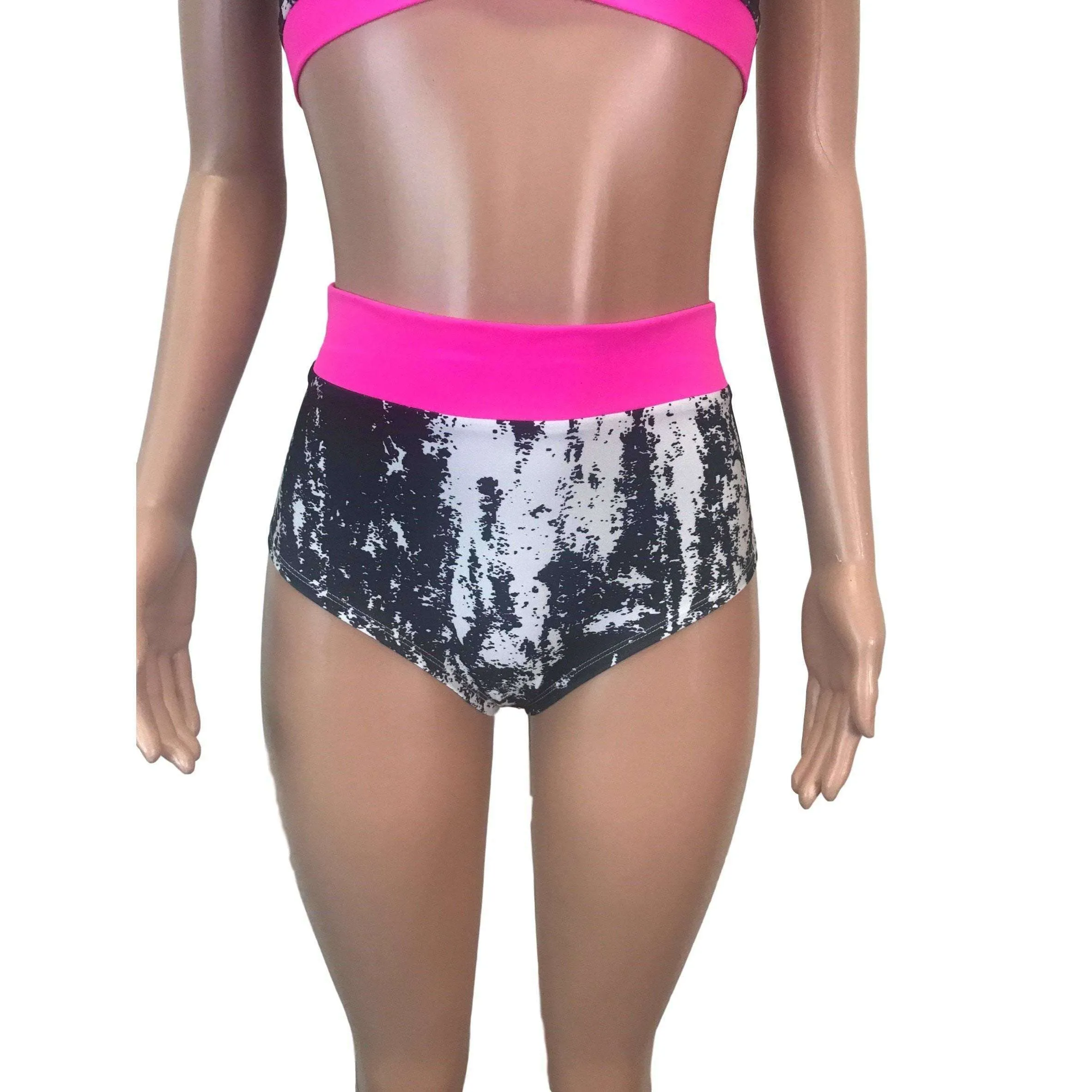 Black, White & Neon Pink High Waist Bikini Outfit