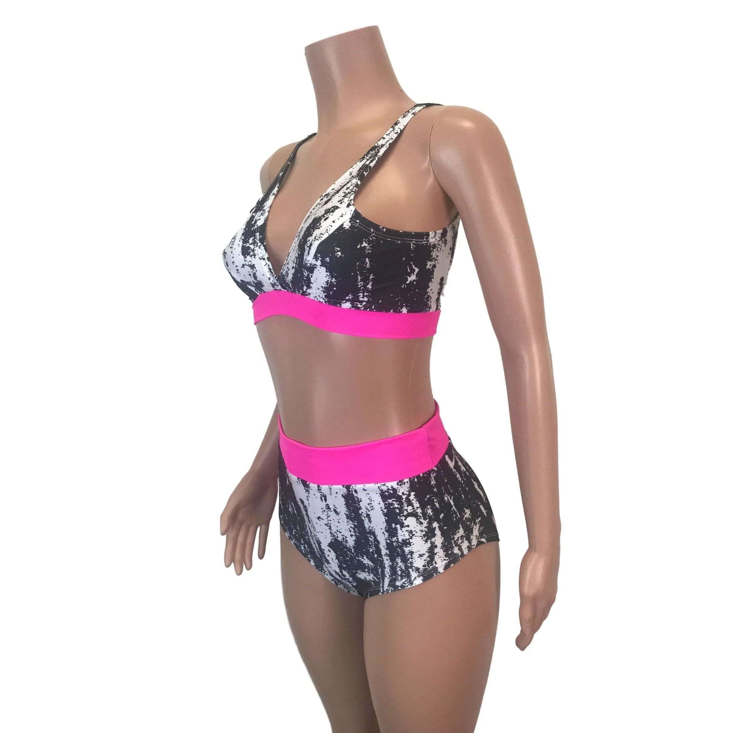 Black, White & Neon Pink High Waist Bikini Outfit