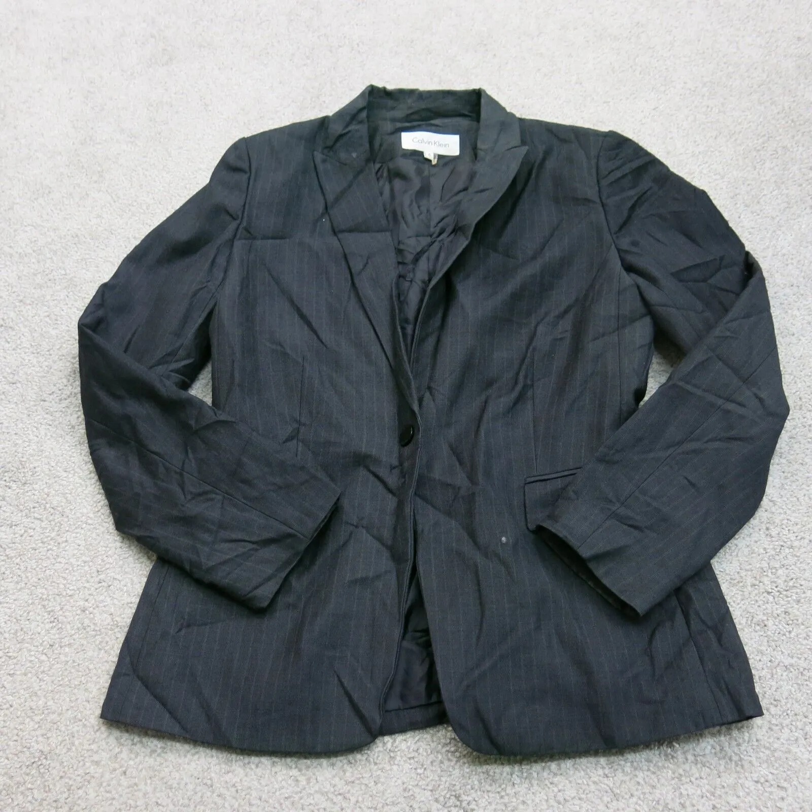 Calvin Klein Womens Blazer Coat Single Breasted Long Sleeves Pocket Black Size 6