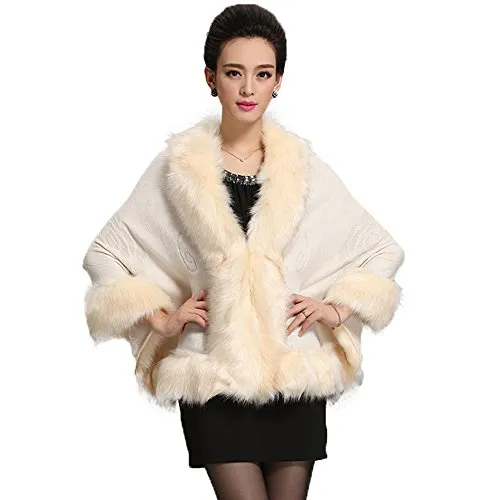 Caracilia Women Luxury Bridal Faux Fur Shawl Wraps Cloak Coat Sweater Cape
