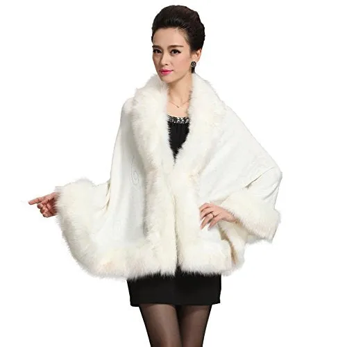 Caracilia Women Luxury Bridal Faux Fur Shawl Wraps Cloak Coat Sweater Cape
