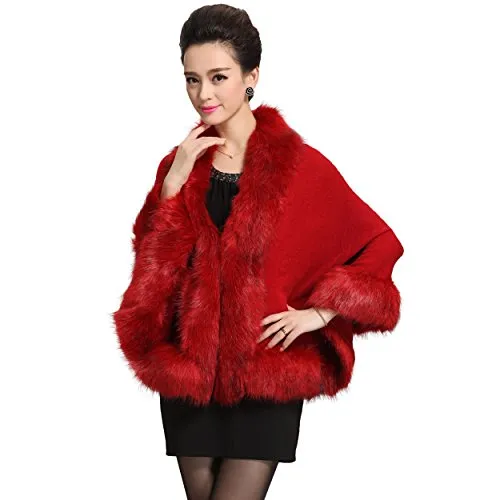 Caracilia Women Luxury Bridal Faux Fur Shawl Wraps Cloak Coat Sweater Cape