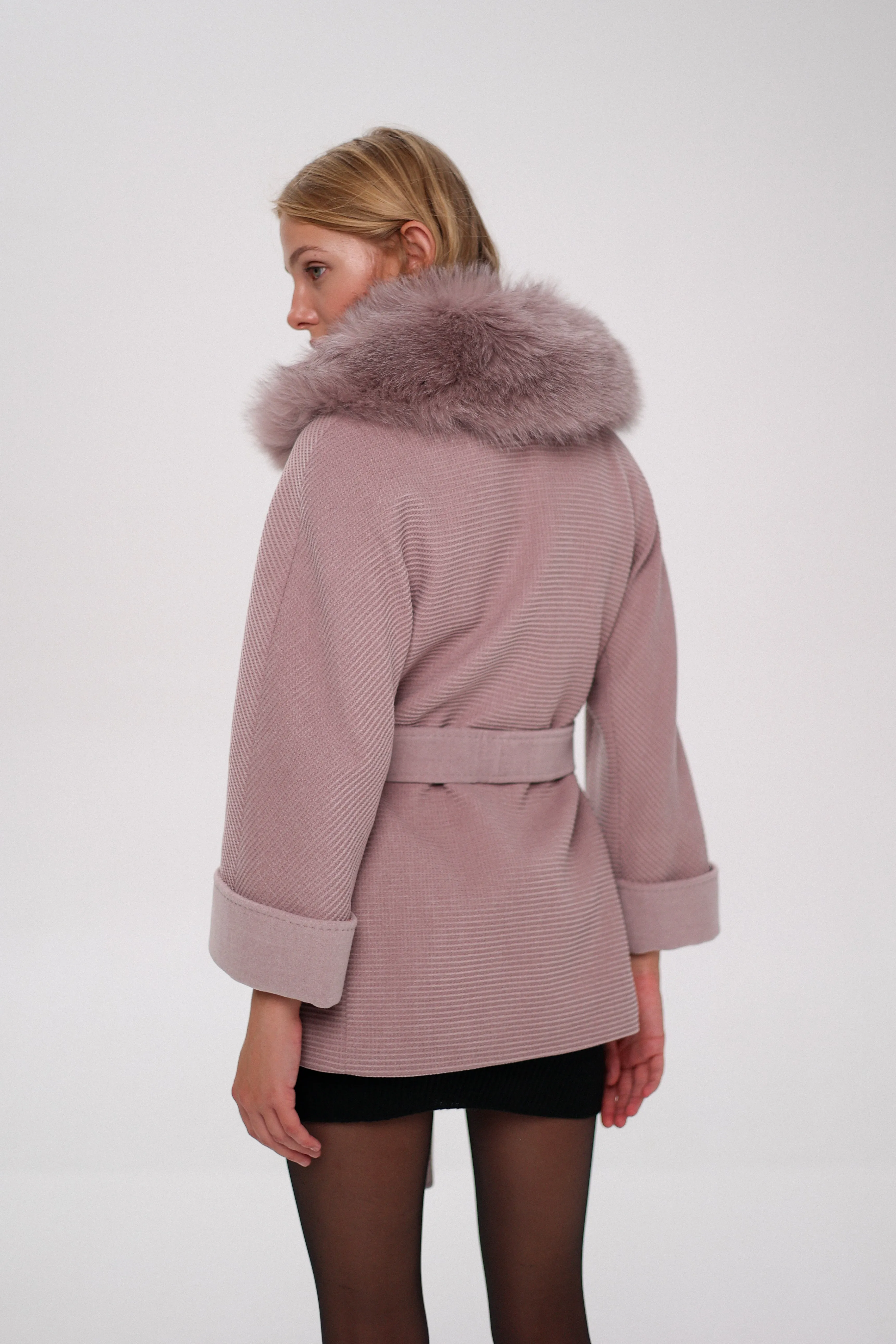 Chelsea Genuine Polar Fox Trim Cashmere Wool Coat