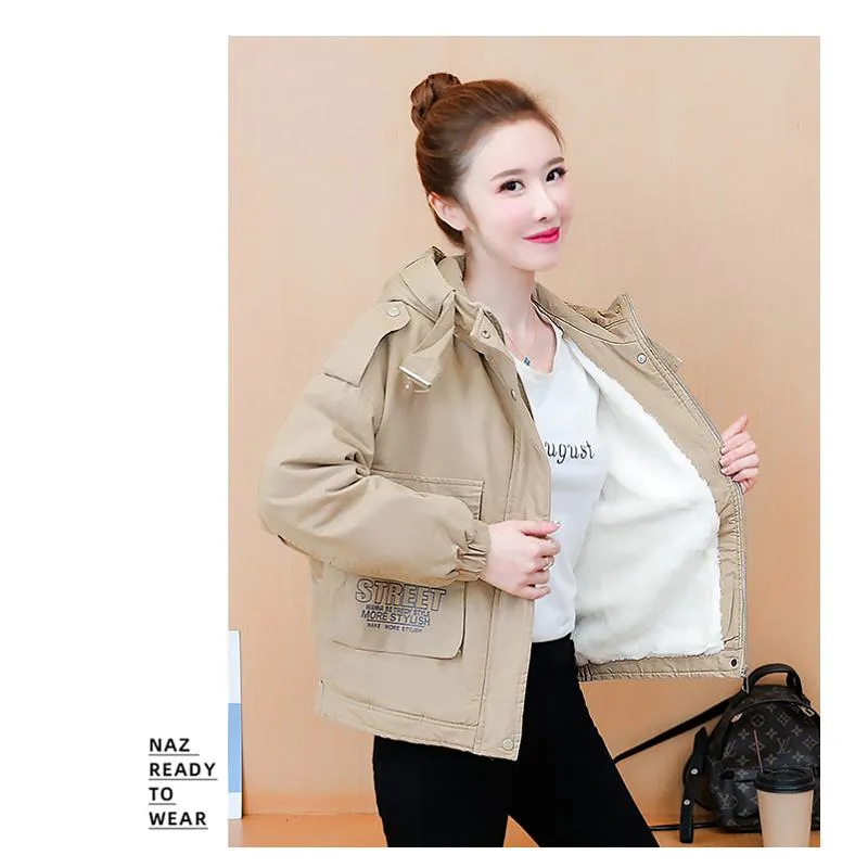 Chic Cropped Casual Loose Fit Sherpa-Lined Hooded Jacket