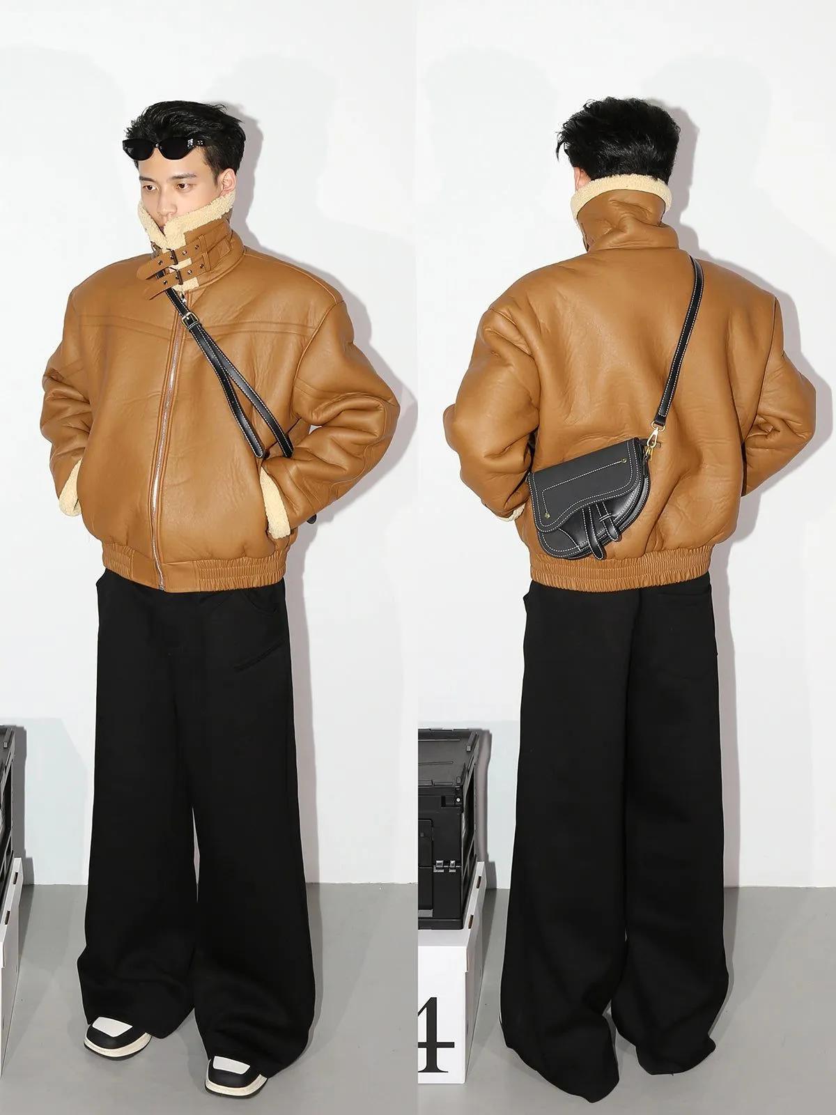 Chic Strap Sherpa Detail Leather Jacket