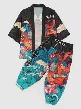 Chinoiseries Print Cardigan And Baggy Pants Set