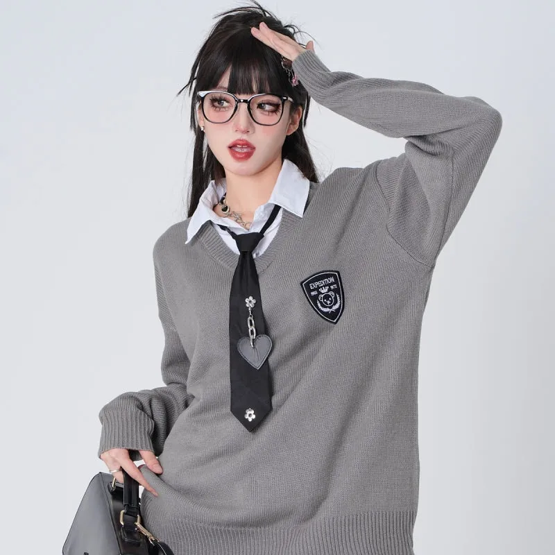 College Style Fake Two-Piece Polo Neck Sweater