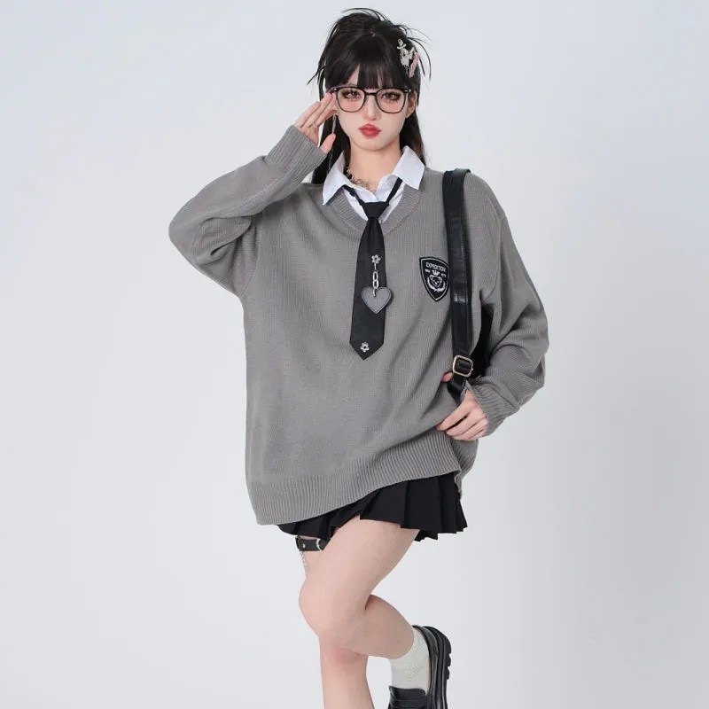 College Style Fake Two-Piece Polo Neck Sweater