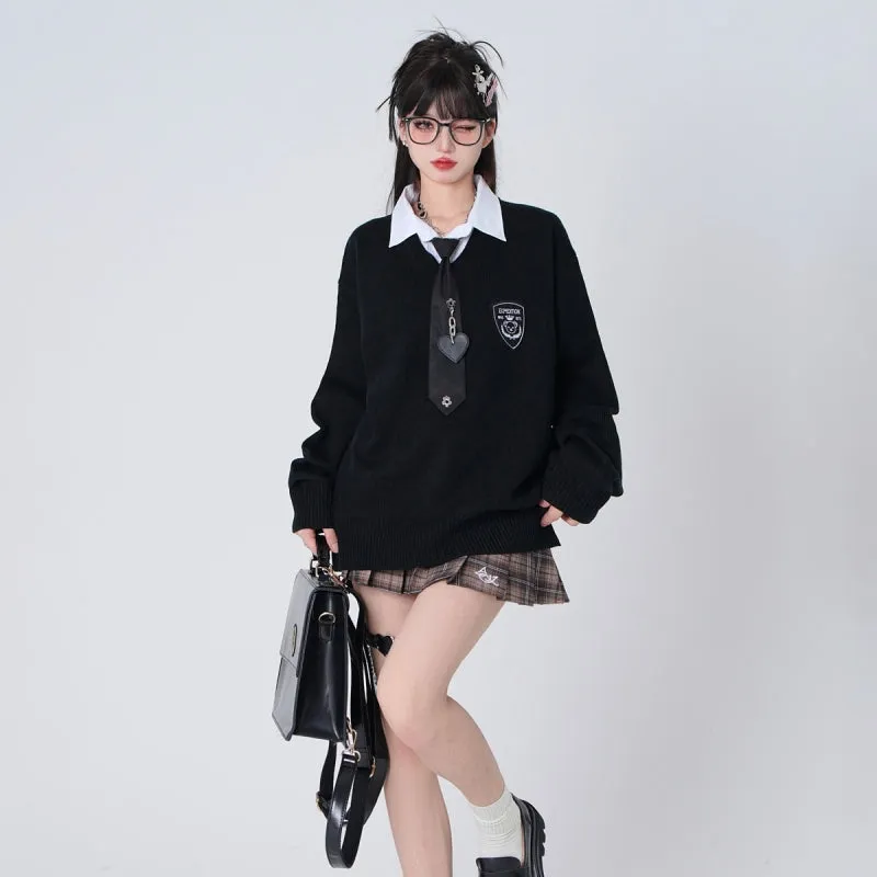 College Style Fake Two-Piece Polo Neck Sweater