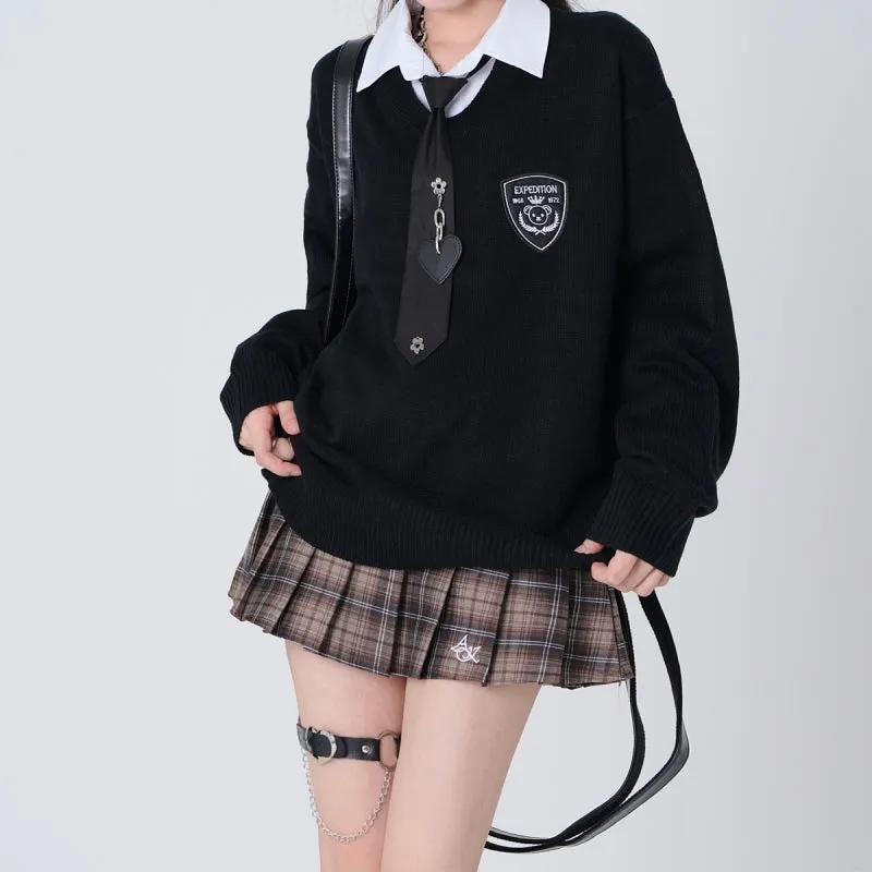 College Style Fake Two-Piece Polo Neck Sweater