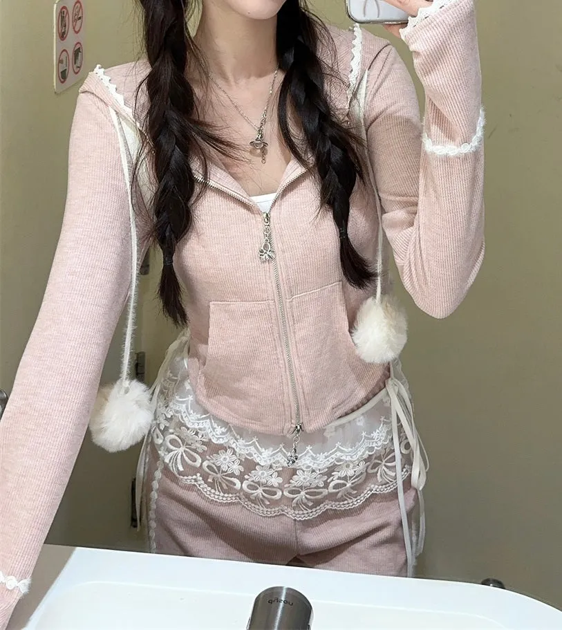 Creamy Sweet Internet Celebrity Pink Lace Top & Pants Two Piece Set