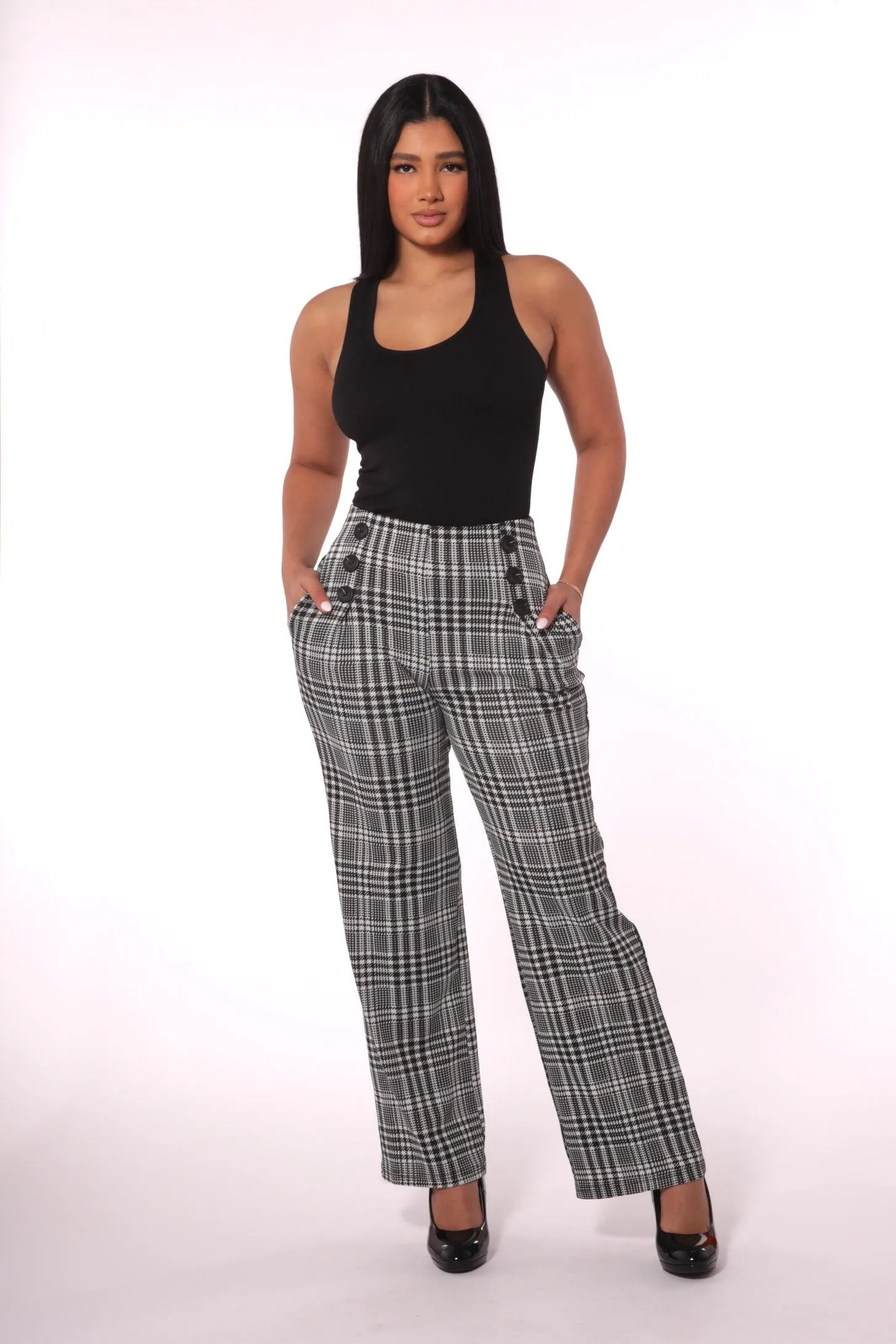 Cropped Straight Leg Pants With Button Waist Detail - Black, White Plaid