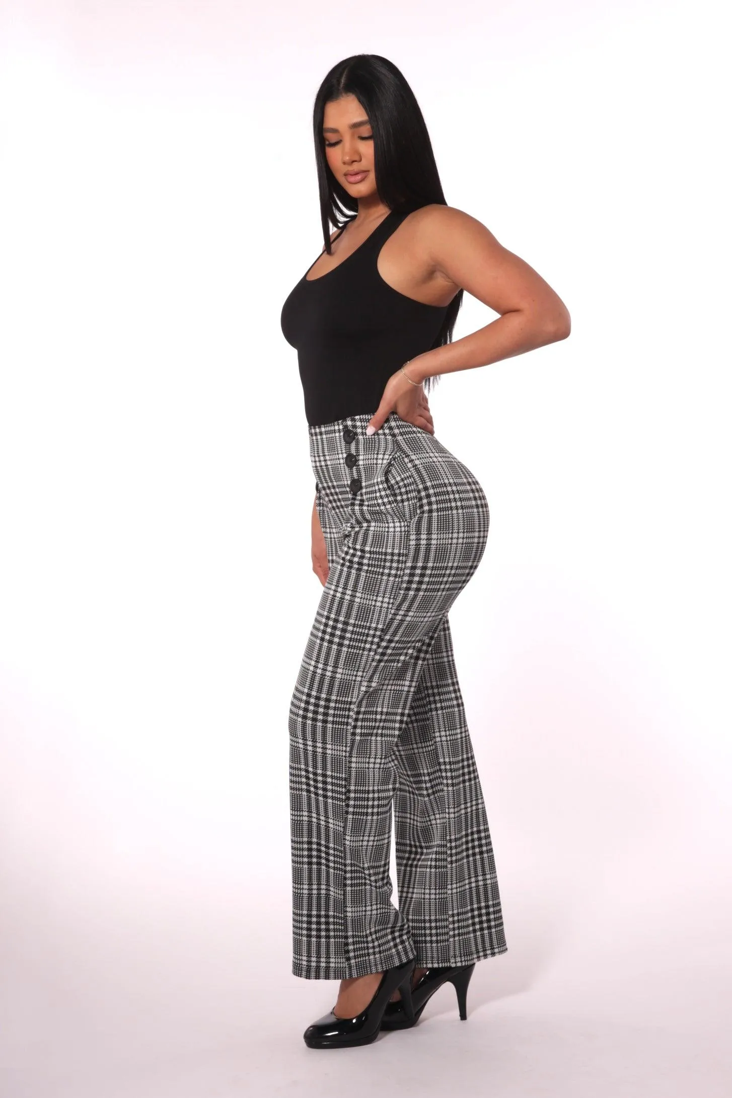 Cropped Straight Leg Pants With Button Waist Detail - Black, White Plaid
