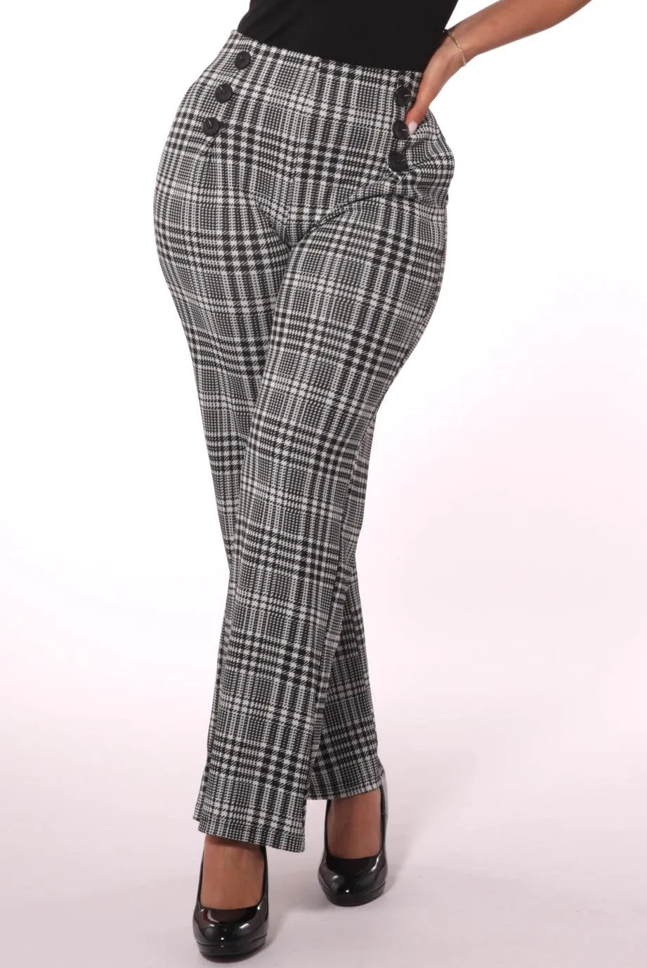 Cropped Straight Leg Pants With Button Waist Detail - Black, White Plaid