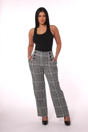 Cropped Straight Leg Pants With Button Waist Detail - Black, White Plaid