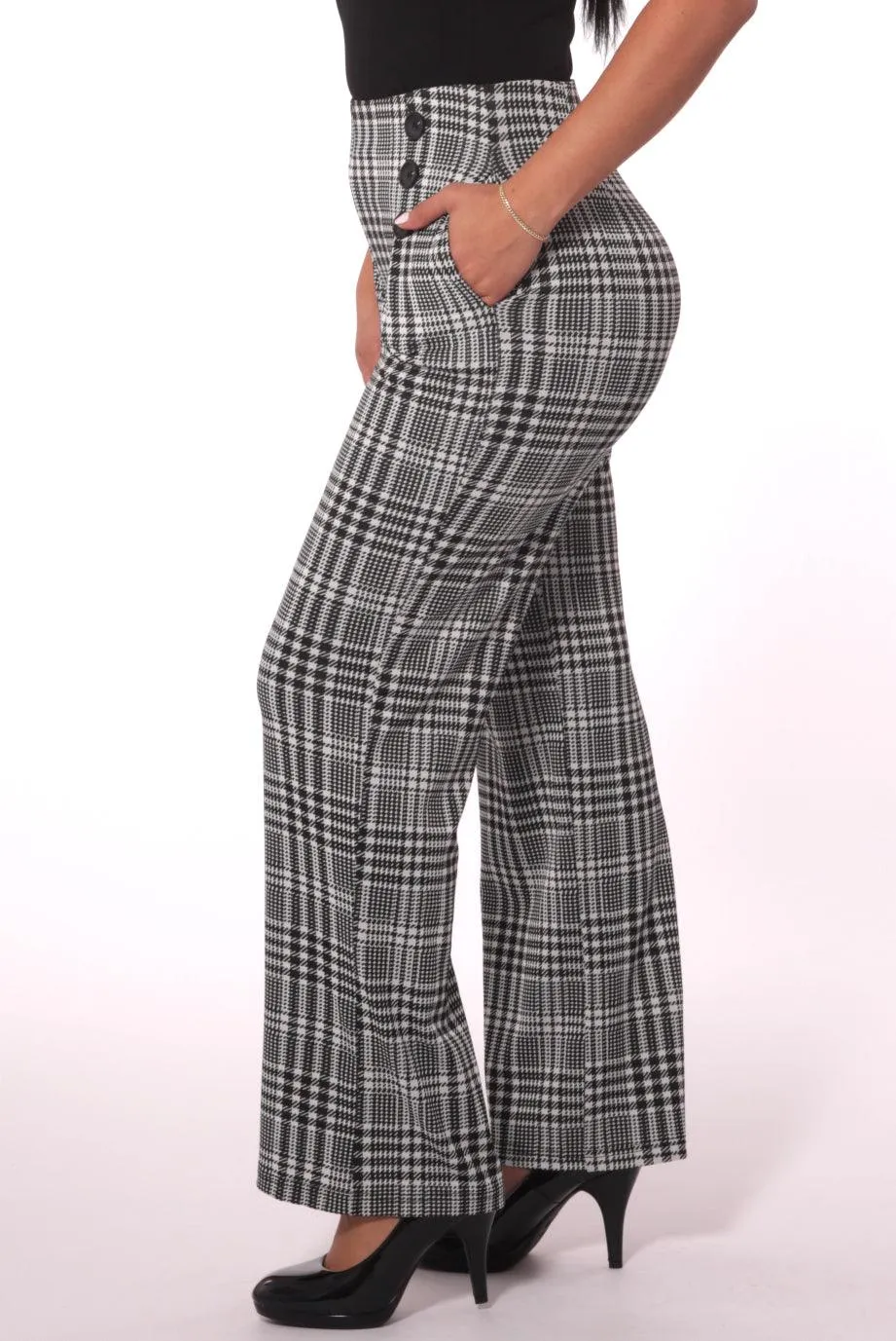 Cropped Straight Leg Pants With Button Waist Detail - Black, White Plaid