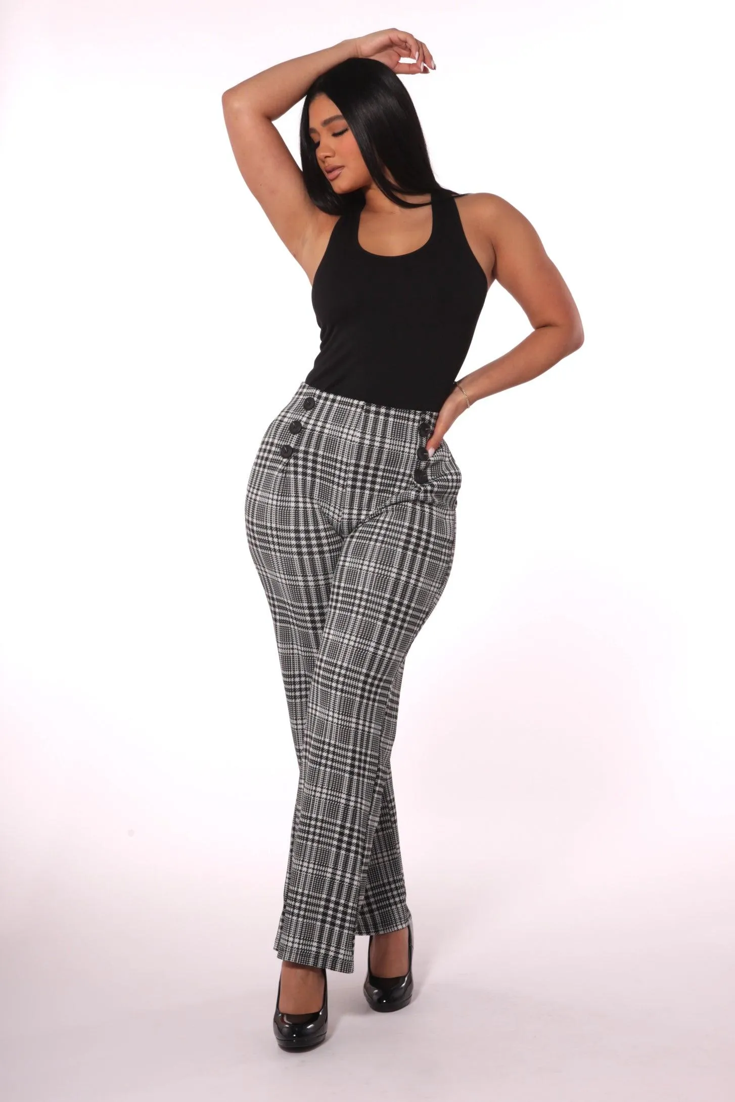 Cropped Straight Leg Pants With Button Waist Detail - Black, White Plaid