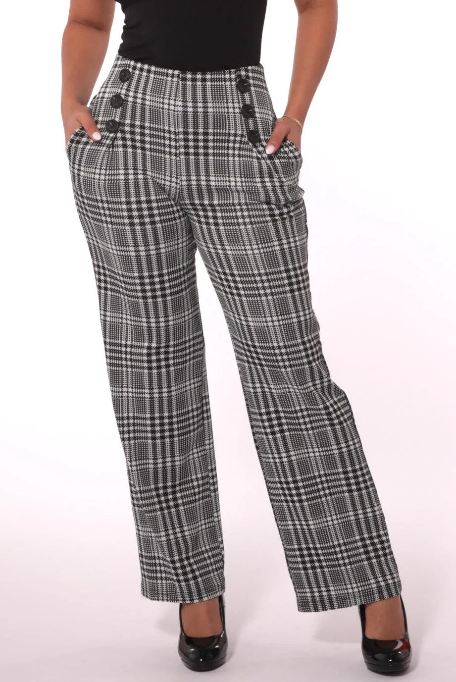 Cropped Straight Leg Pants With Button Waist Detail - Black, White Plaid