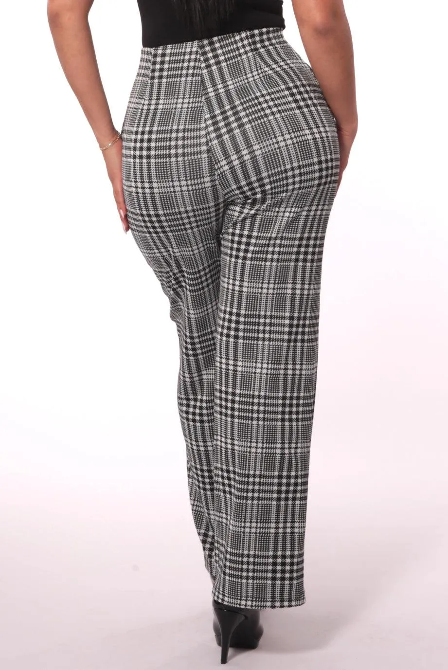 Cropped Straight Leg Pants With Button Waist Detail - Black, White Plaid