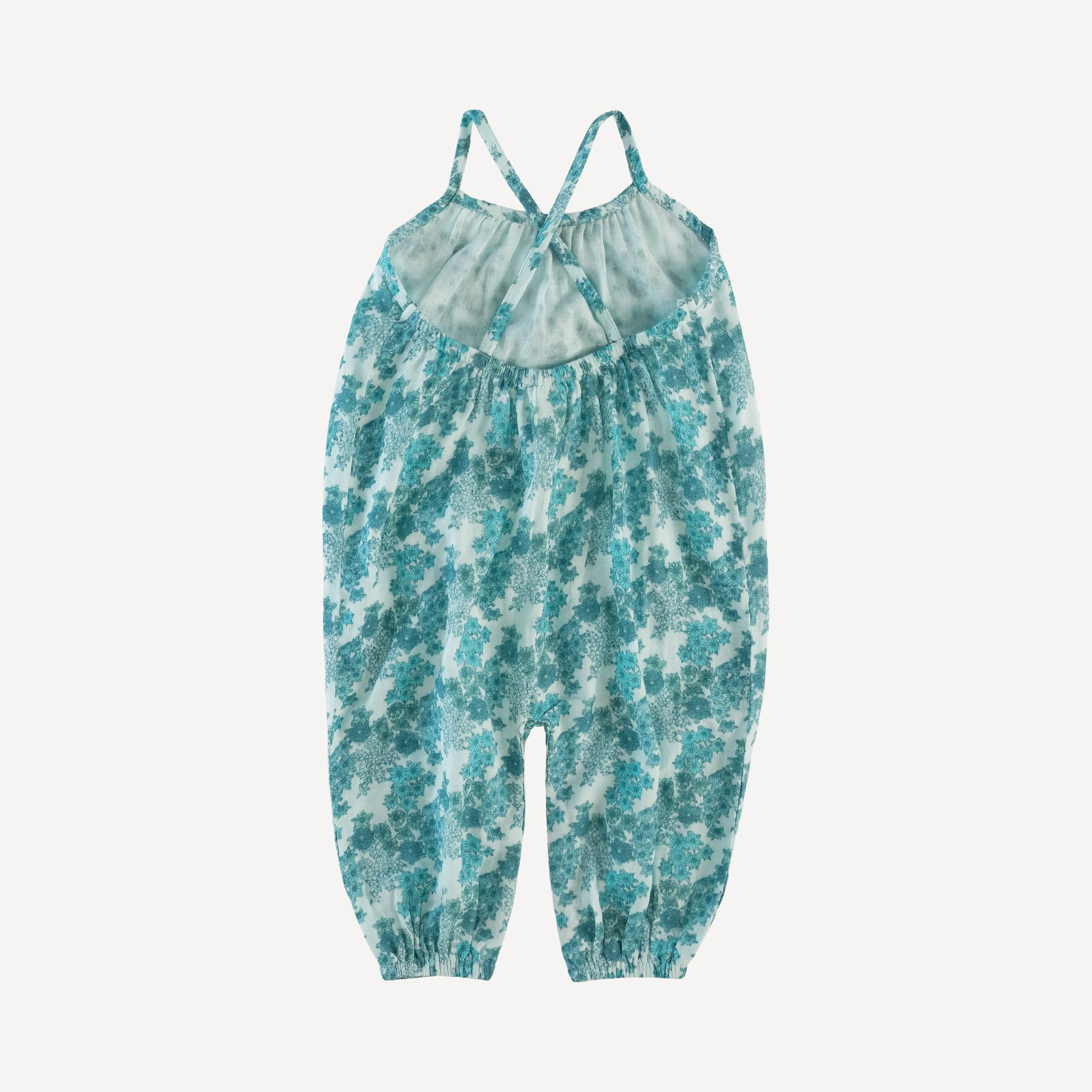 cross back spaghetti strap bubble jumpsuit | bluebell wildflower | organic cotton gauze