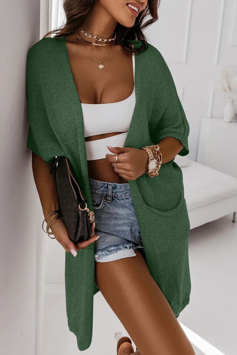 Dolman Half Sleeve Pocketed Long Cardigan