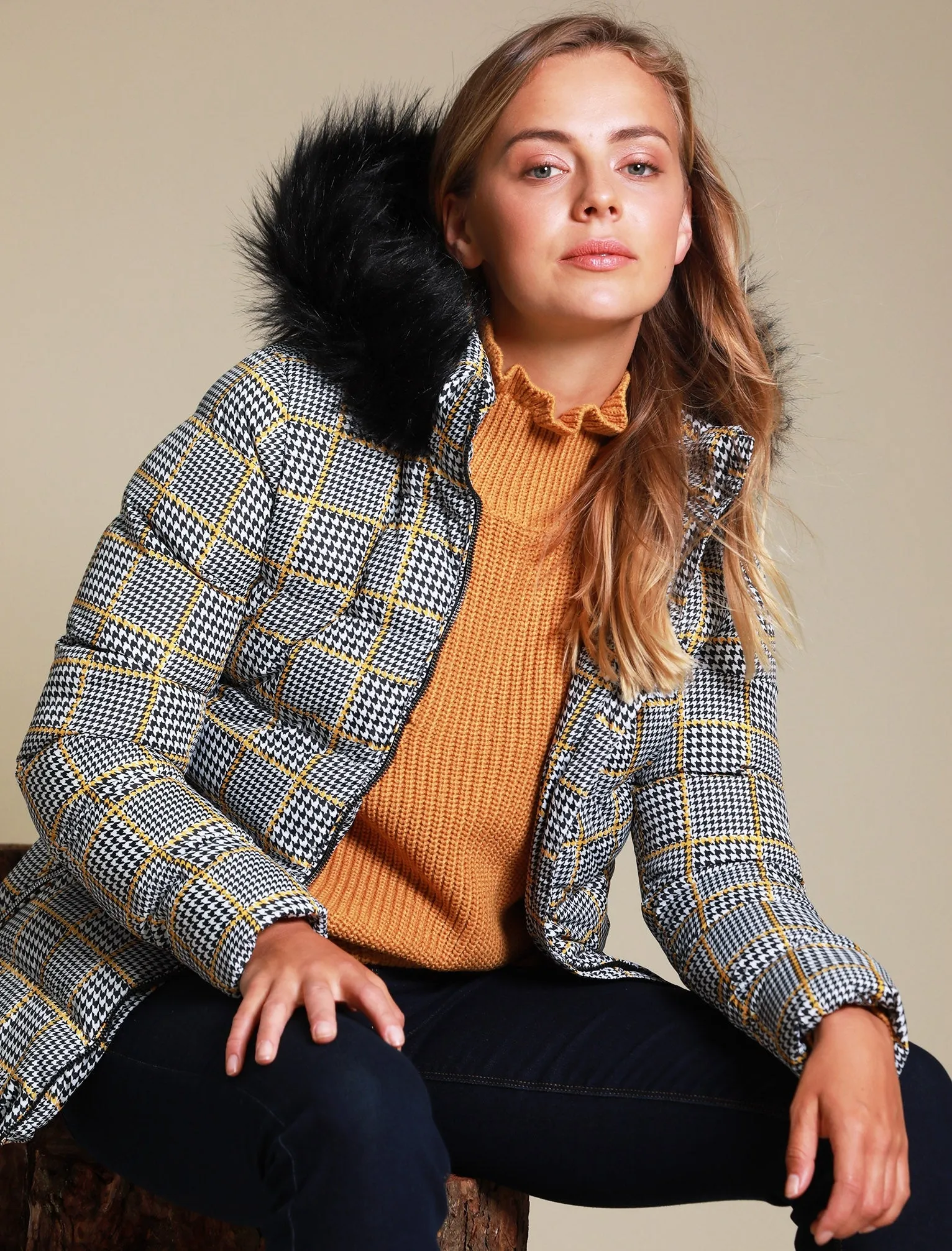 Empire 3 Houndstooth Printed Puffer Jacket with Faux Fur Trim Hood in Black / Gold - Tokyo Laundry