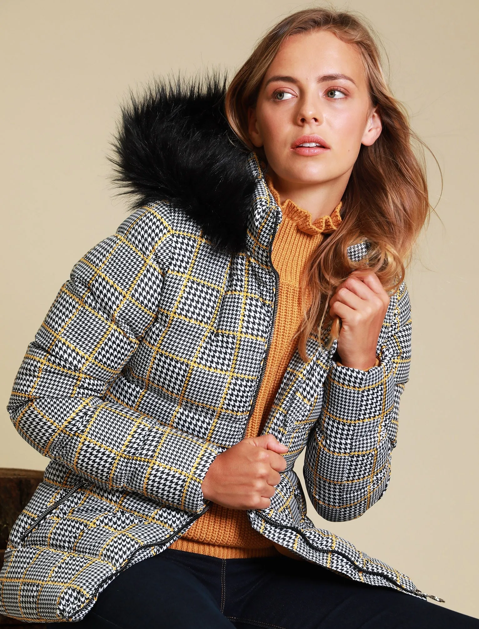 Empire 3 Houndstooth Printed Puffer Jacket with Faux Fur Trim Hood in Black / Gold - Tokyo Laundry