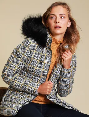 Empire 3 Houndstooth Printed Puffer Jacket with Faux Fur Trim Hood in Black / Gold - Tokyo Laundry
