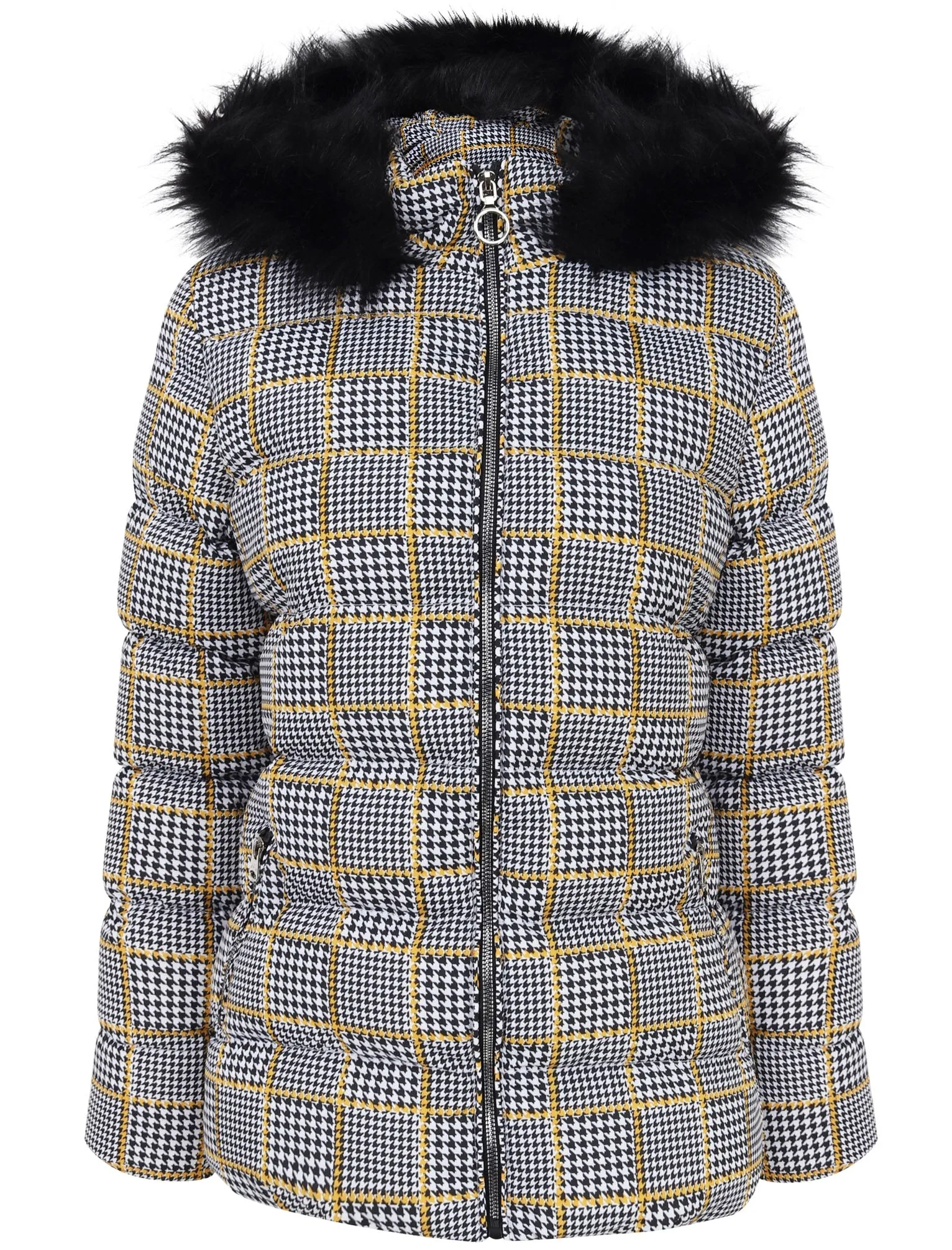 Empire 3 Houndstooth Printed Puffer Jacket with Faux Fur Trim Hood in Black / Gold - Tokyo Laundry