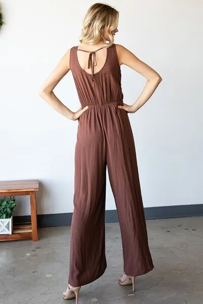 First Love, Tie Back Sleeveless Slit Wide Leg Jumpsuit