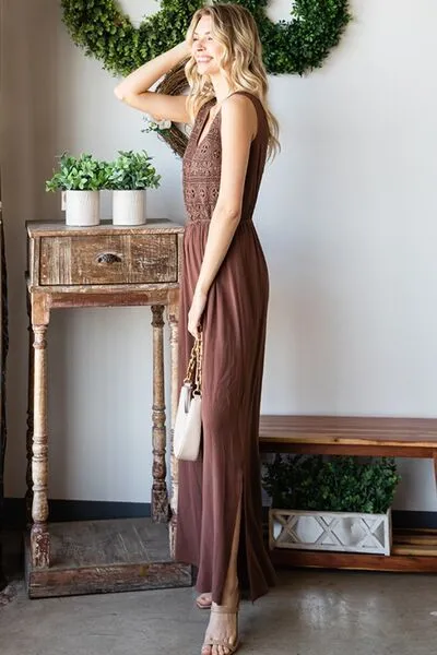 First Love, Tie Back Sleeveless Slit Wide Leg Jumpsuit