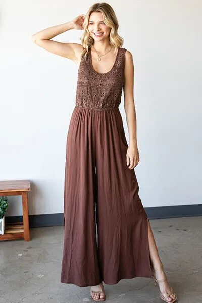 First Love, Tie Back Sleeveless Slit Wide Leg Jumpsuit