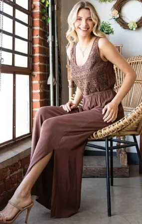 First Love, Tie Back Sleeveless Slit Wide Leg Jumpsuit