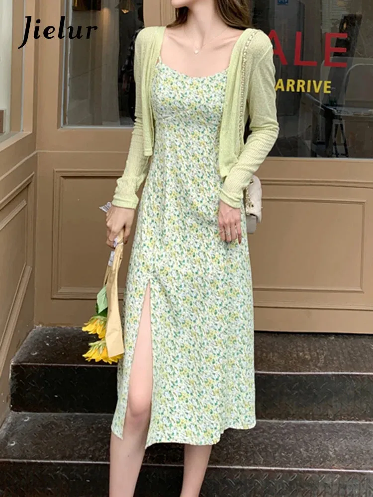 French Style New Two Piece Set Printed Women Dresses Strapless Chiffon Split Dress Solid Color Simple Fashion Streetwear