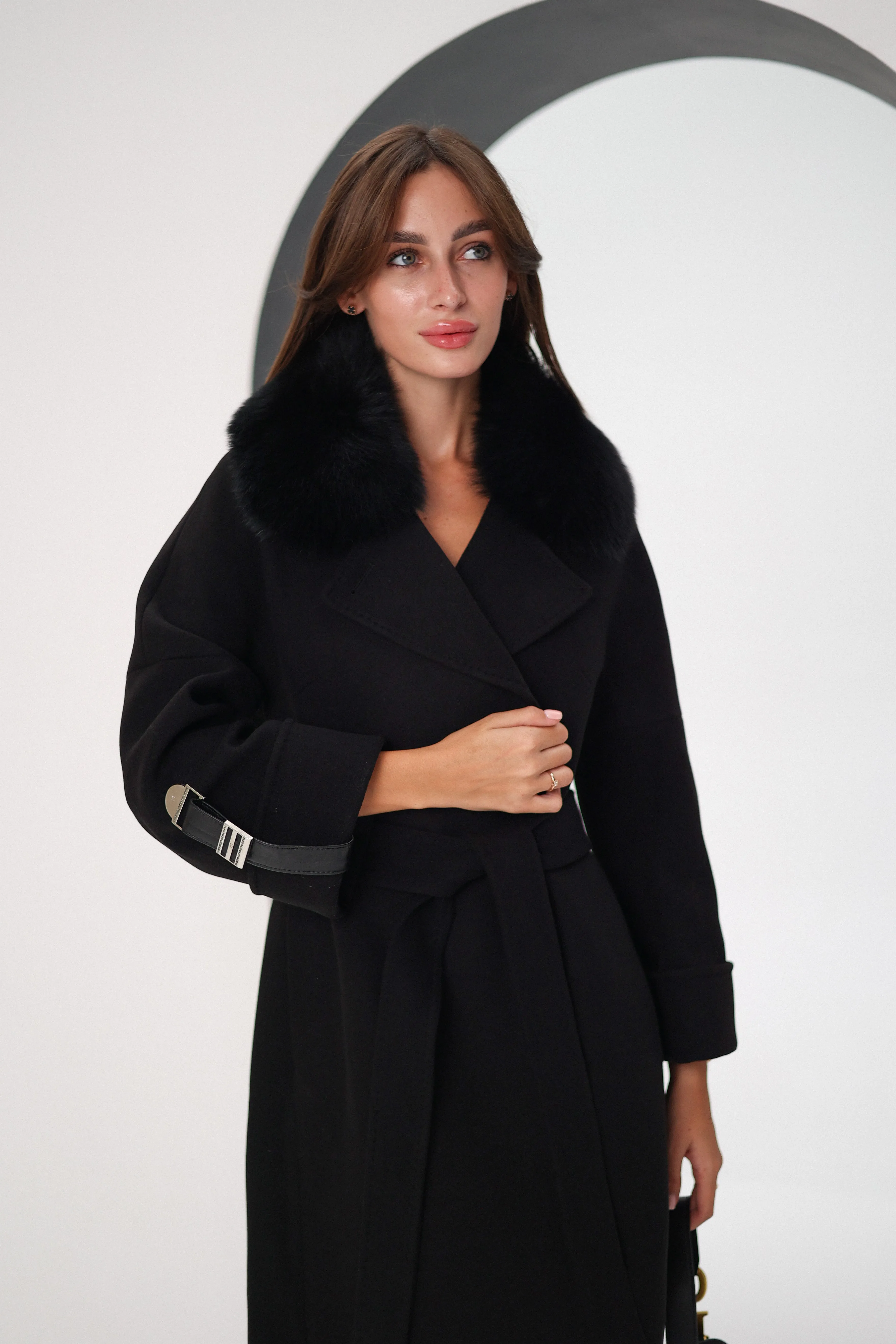 Genuine Polar Fox Leather Buckle Cashmere Wool Coat