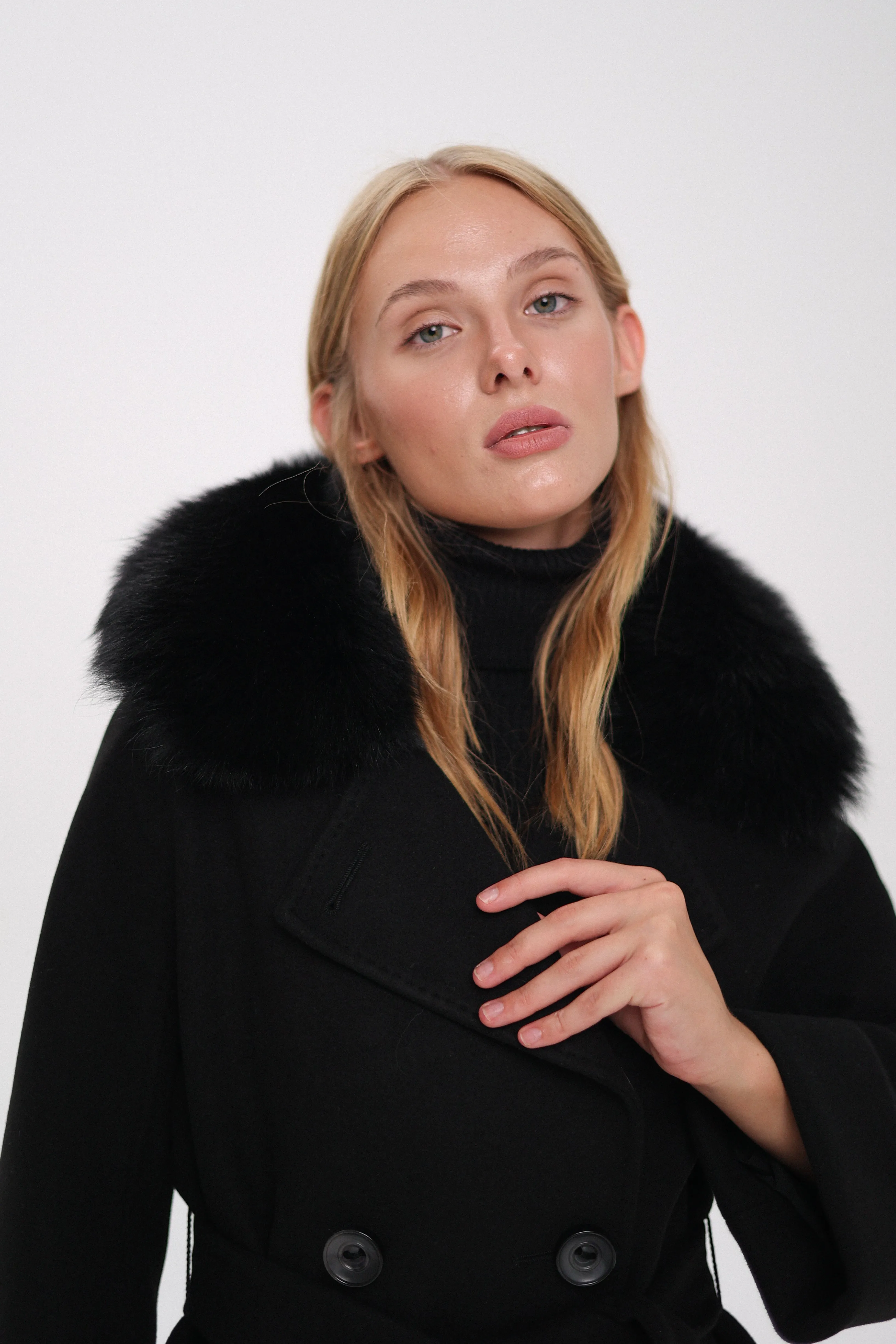Genuine Polar Fox Tailored Cashmere-Wool Coat