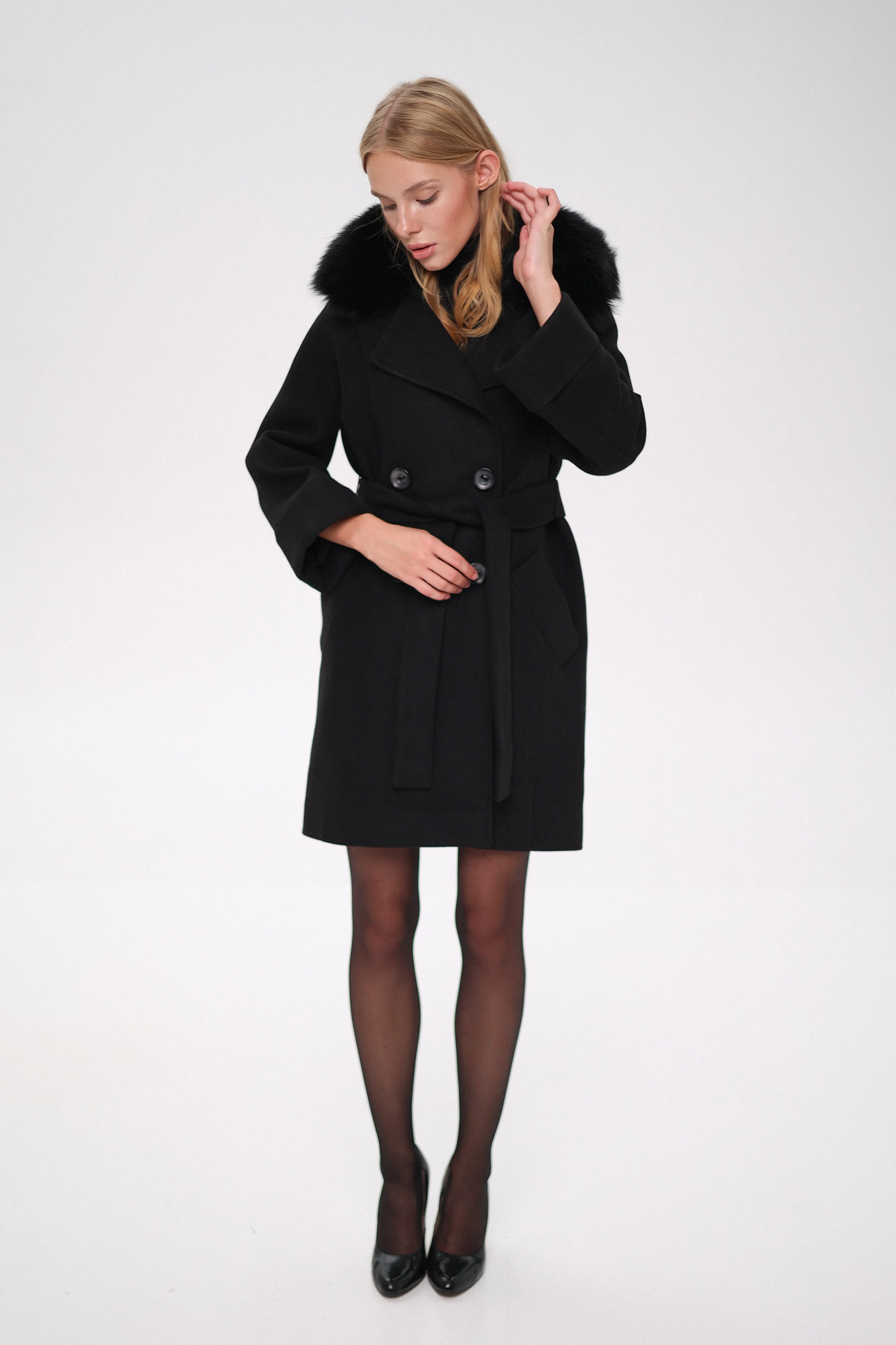 Genuine Polar Fox Tailored Cashmere-Wool Coat